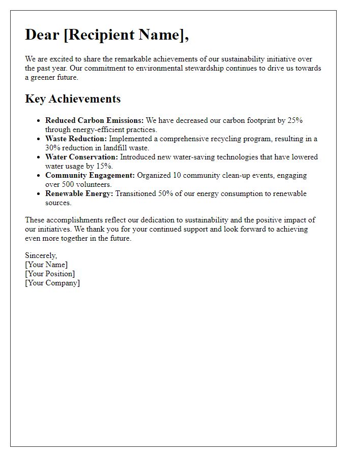 Letter template of sustainability initiative achievements