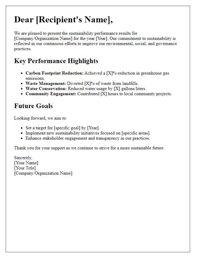 Letter template of sustainability performance results