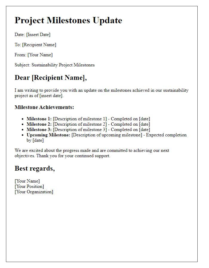 Letter template of sustainability project milestones