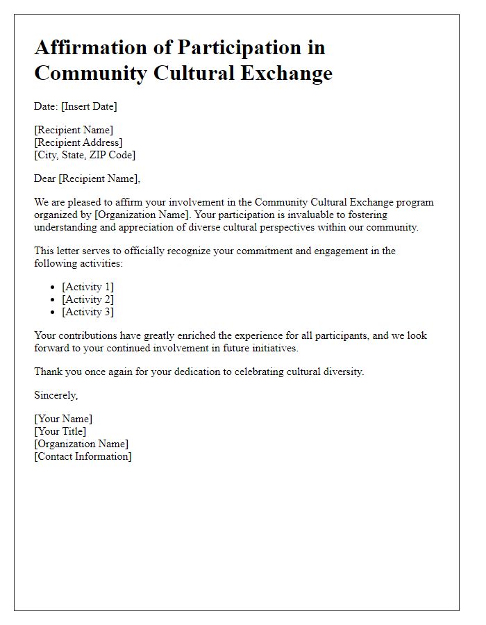 Letter template of affirmation for community cultural exchange involvement