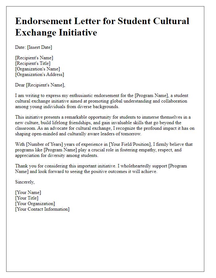 Letter template of endorsement for student cultural exchange initiatives