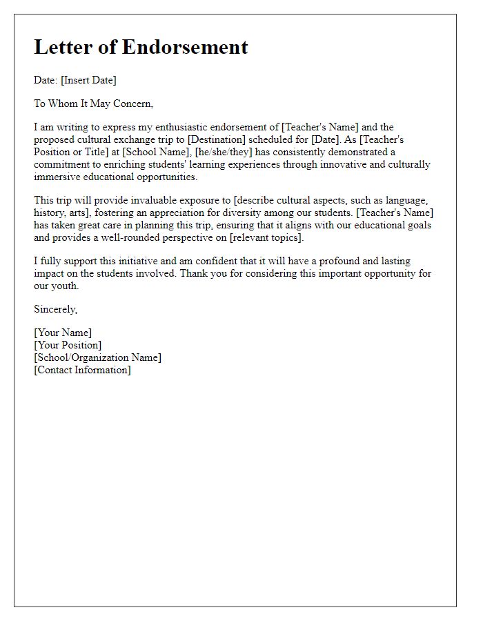 Letter template of endorsement for teacher-led cultural exchange trips