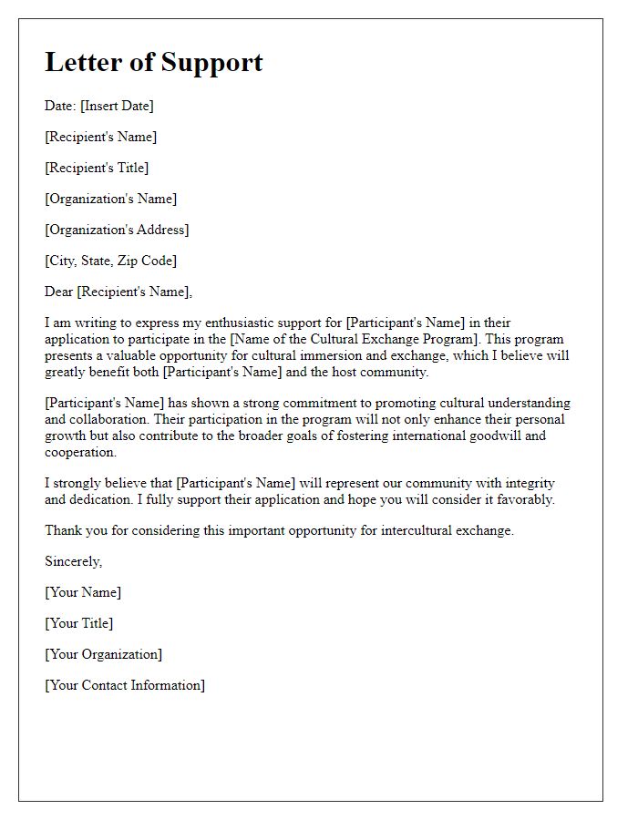 Letter template of support for cultural exchange participation