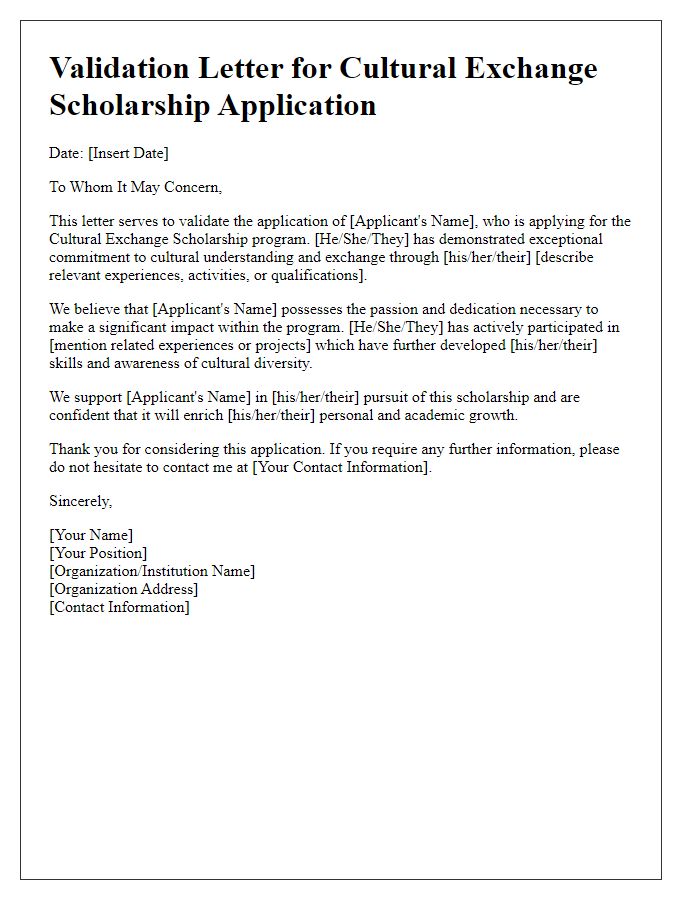 Letter template of validation for cultural exchange scholarship applications