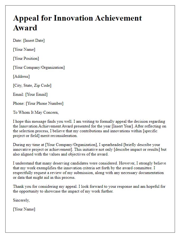 Letter template of appeal for innovation achievement award