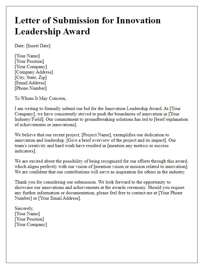 Letter template of bid for innovation leadership award