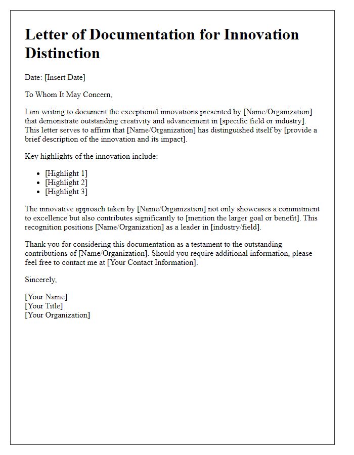 Letter template of documentation for innovation distinction