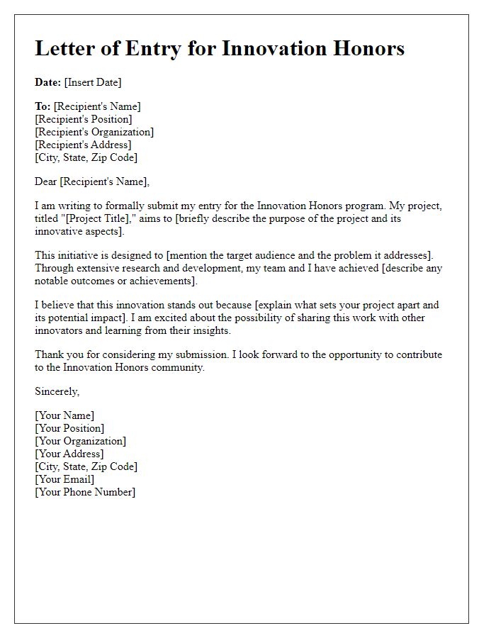 Letter template of entry for innovation honors