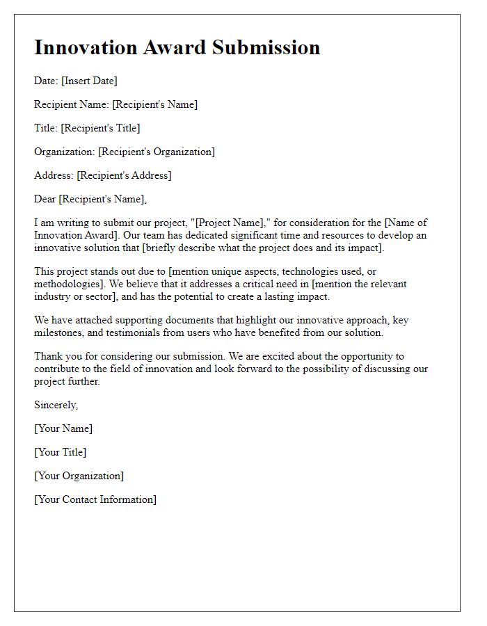 Letter template of innovation award submission