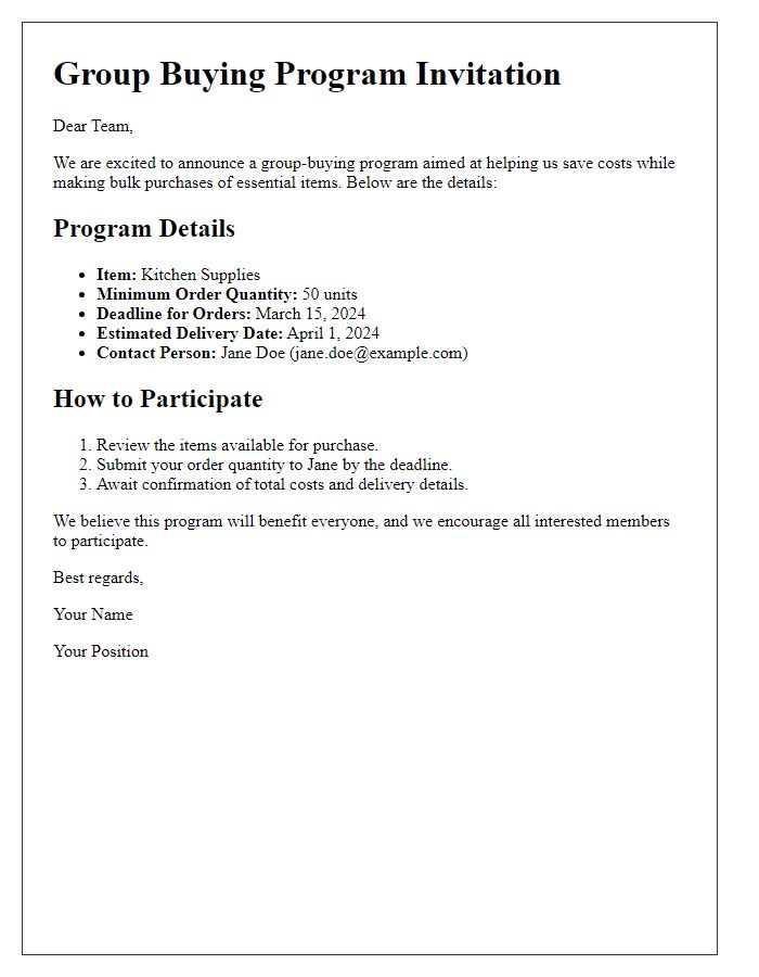 Letter template of details for group-buying program