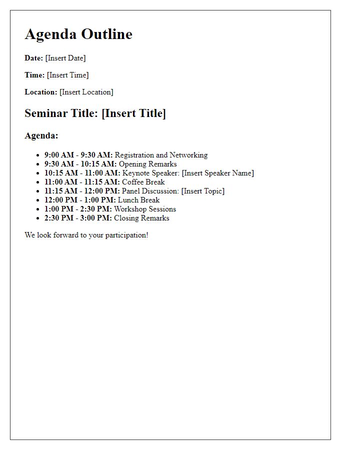 Letter template of agenda outline for educational seminar