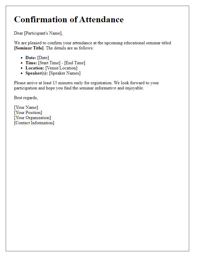 Letter template of confirmation of attendance for educational seminar