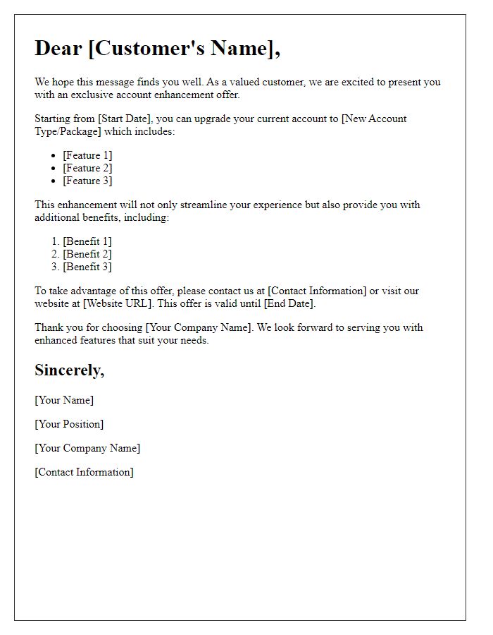 Letter template of account enhancement offer