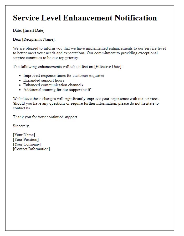 Letter template of service level enhancement