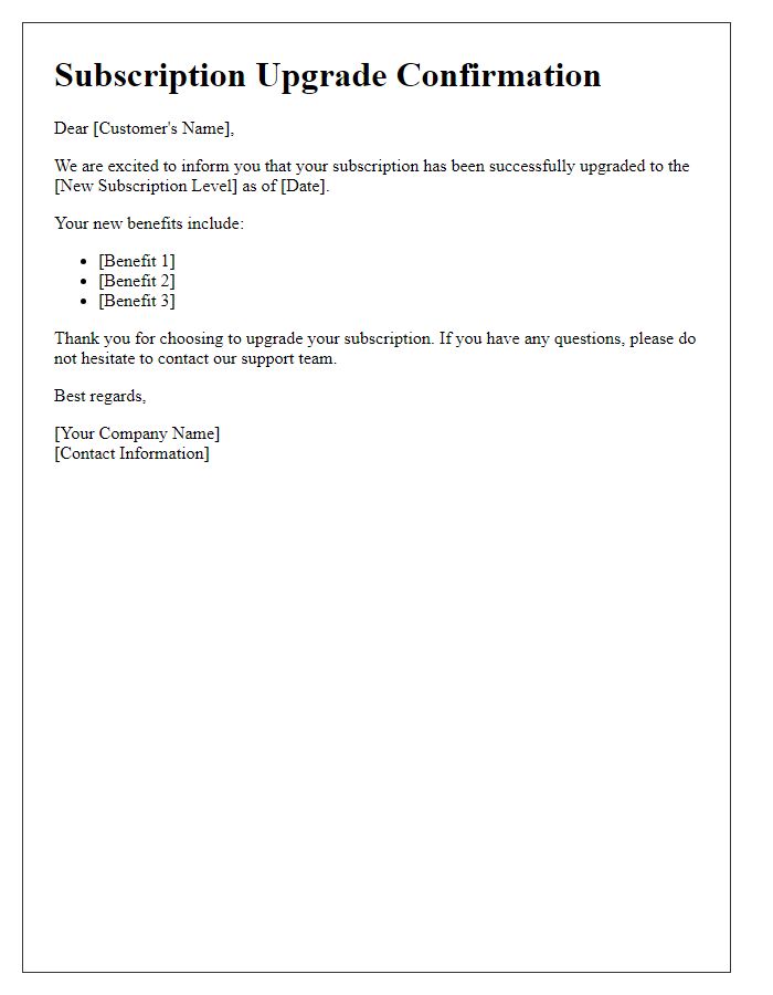 Letter template of subscription level upgrade
