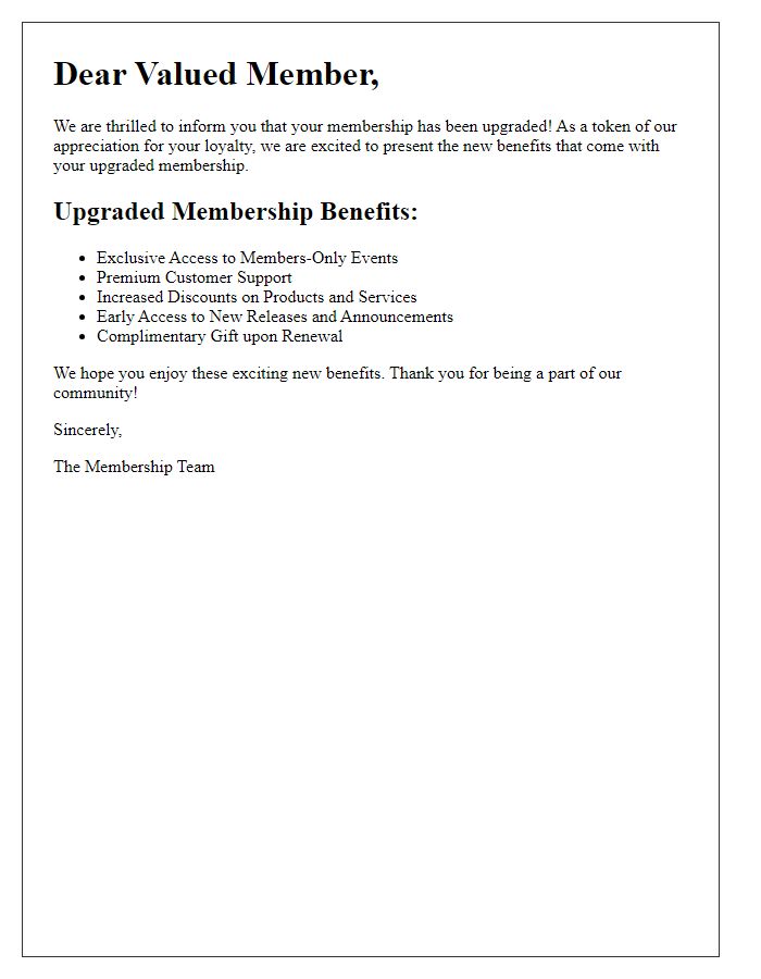 Letter template of upgraded membership benefits