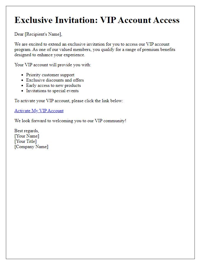 Letter template of VIP account access invitation