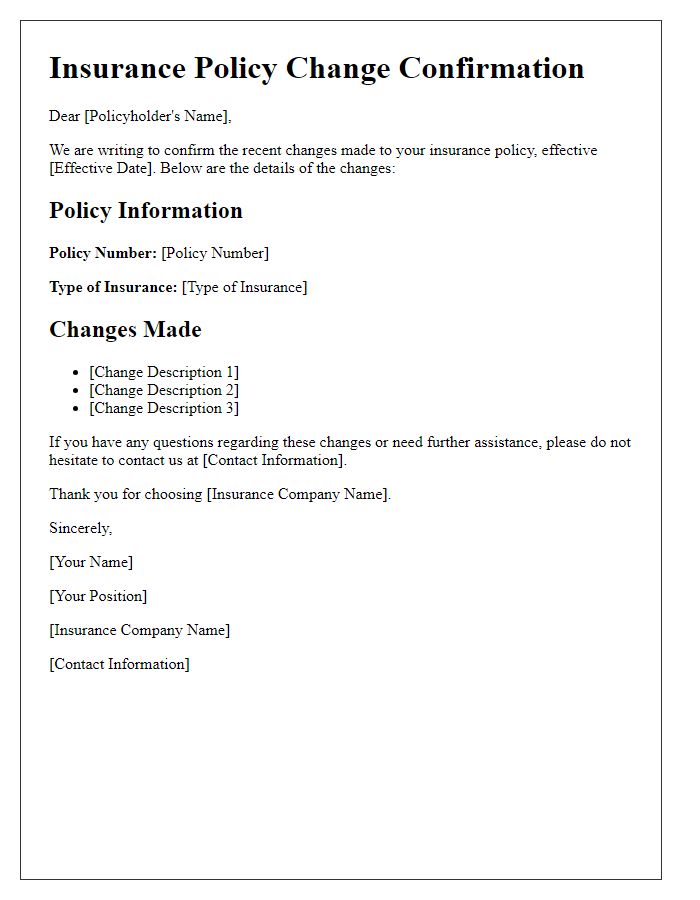 Letter template of confirmation of insurance policy changes