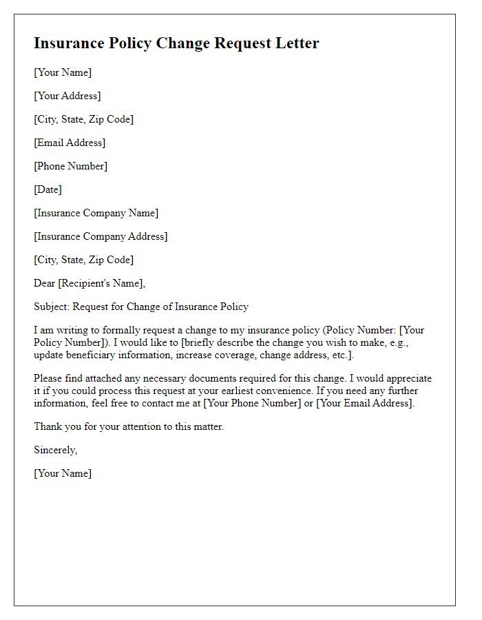 Letter template of submission for insurance policy change request