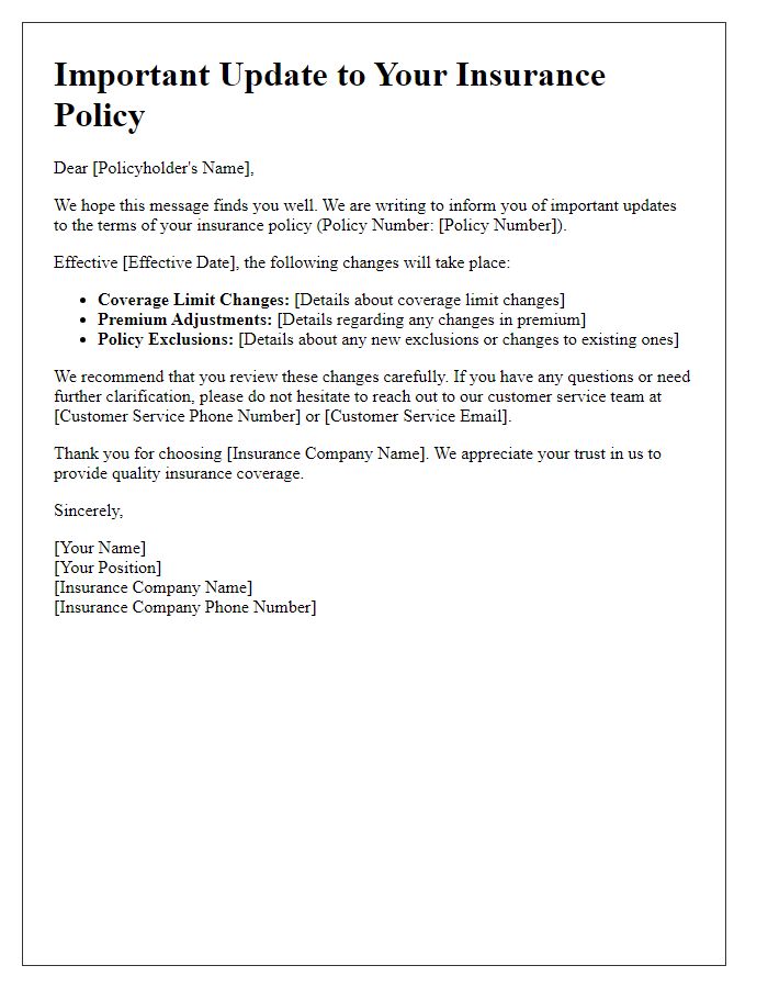 Letter template of update for insurance policy terms