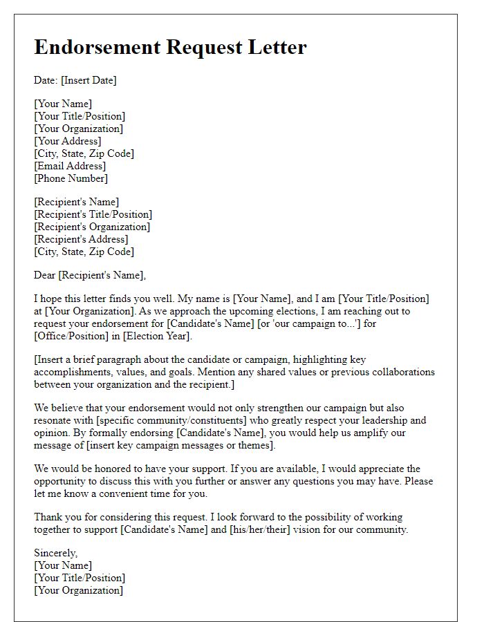 Letter template of endorsement request for political campaign outreach