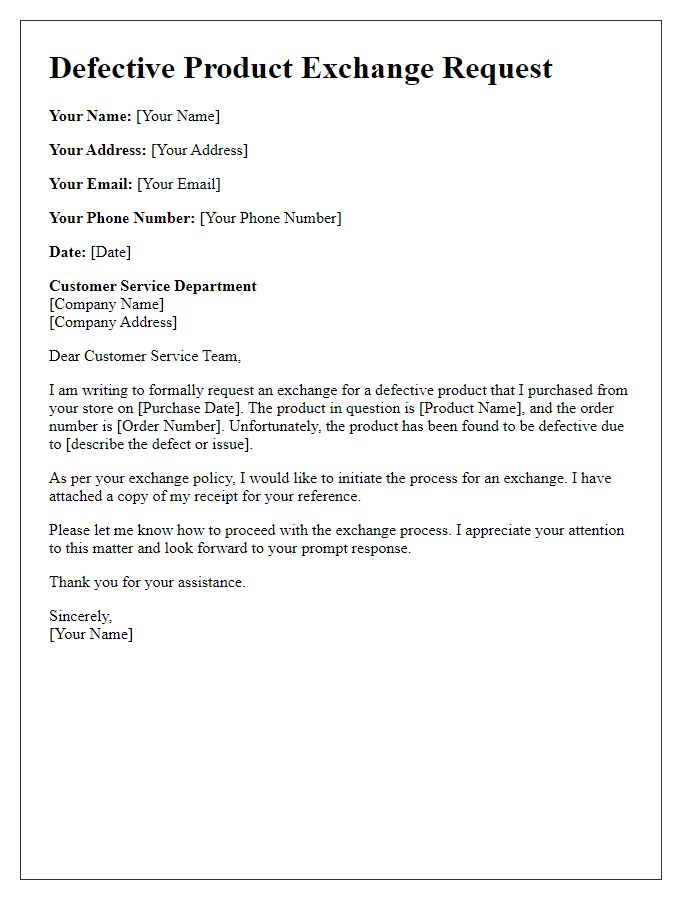 Letter template of defective product exchange