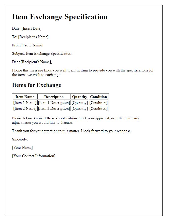 Letter template of items for exchange specification