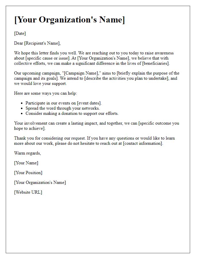 Letter template of awareness campaign for non-profit organization