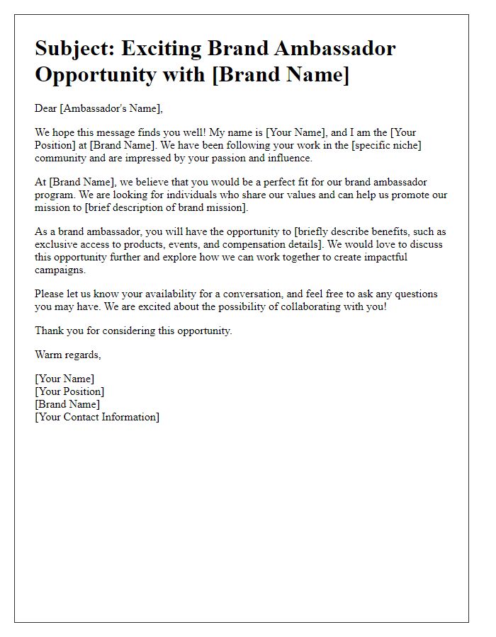 Letter template of brand ambassador outreach communication