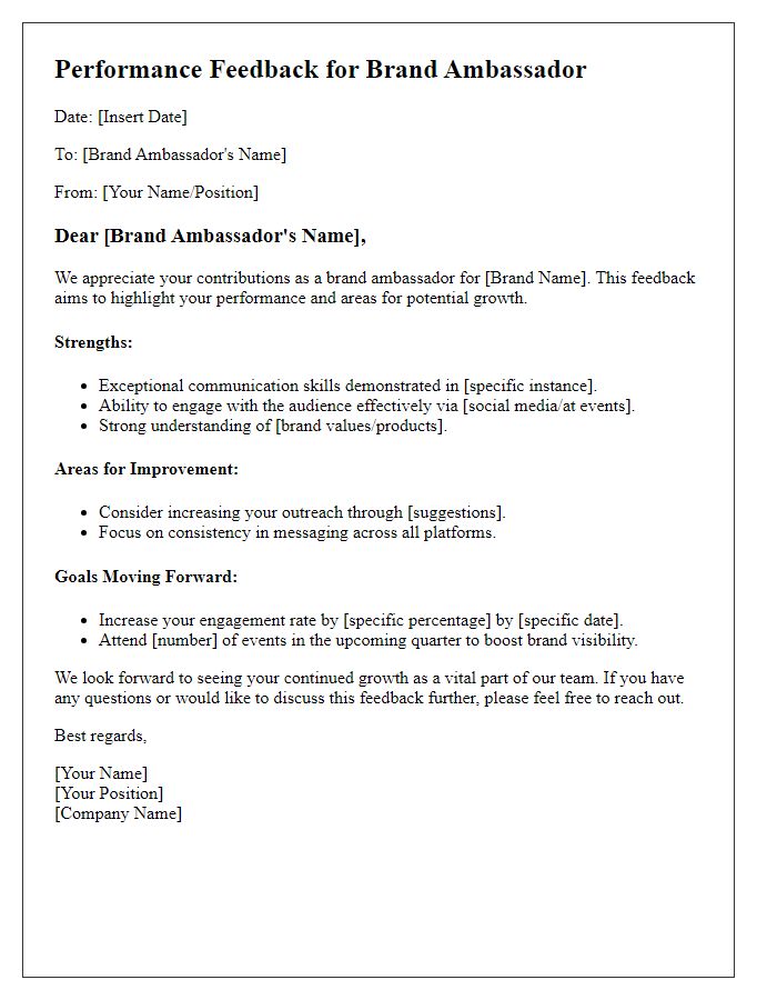 Letter template of brand ambassador performance feedback