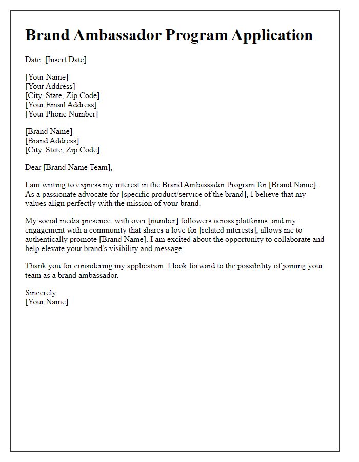 Letter template of brand ambassador program application