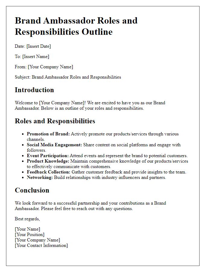 Letter template of brand ambassador roles and responsibilities outline