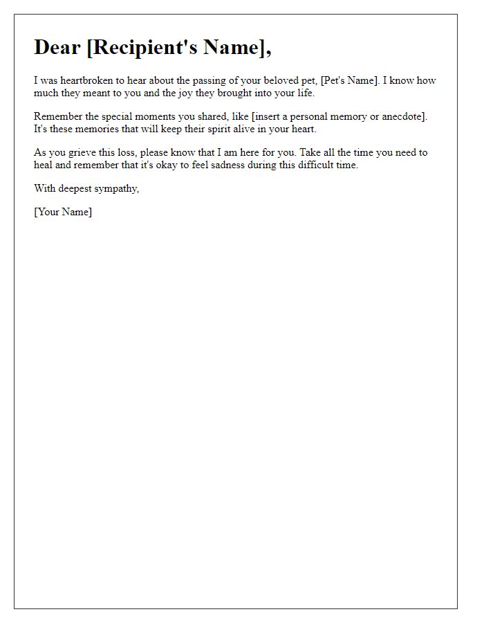 Letter template of sympathy for the passing of a beloved pet