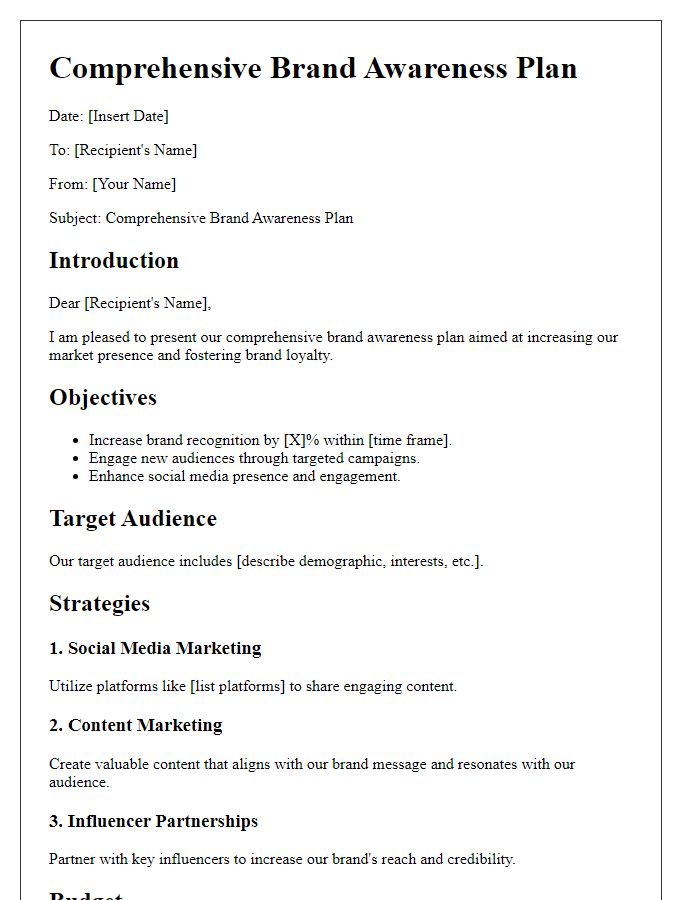 Letter template of comprehensive brand awareness plan