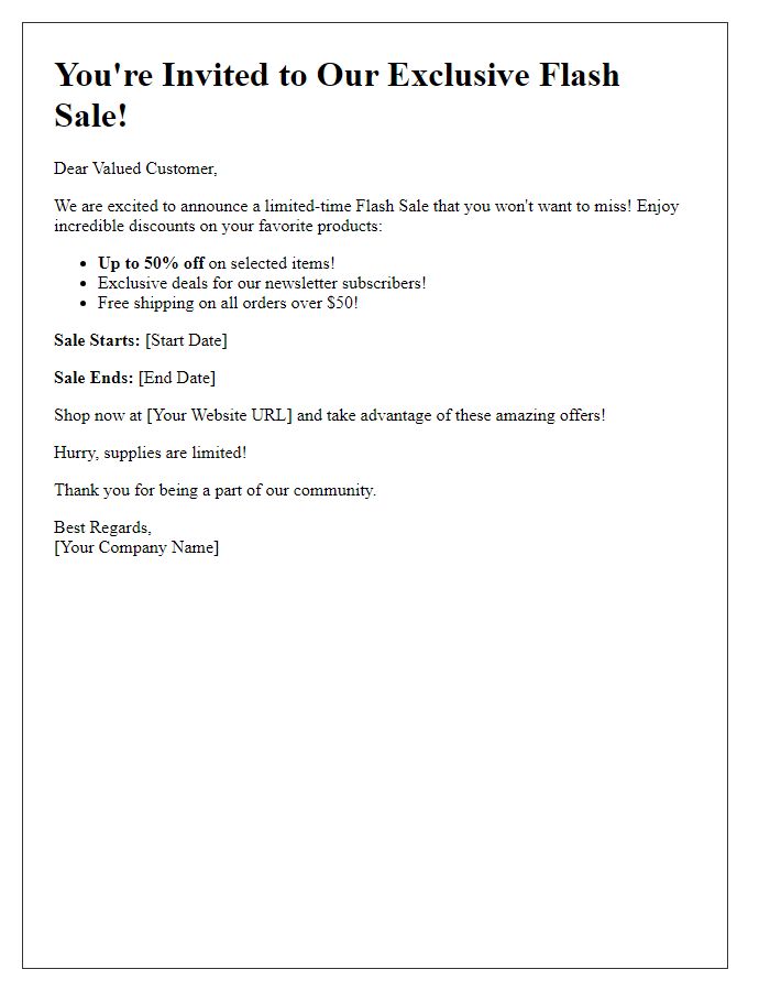 Letter template of e-commerce flash sale invitation