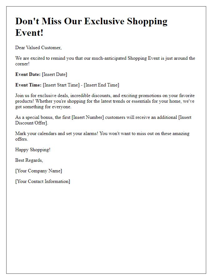 Letter template of e-commerce shopping event reminder