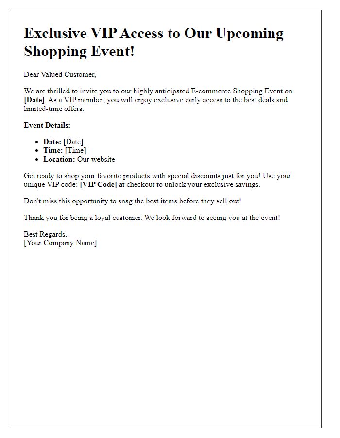 Letter template of e-commerce shopping event VIP access