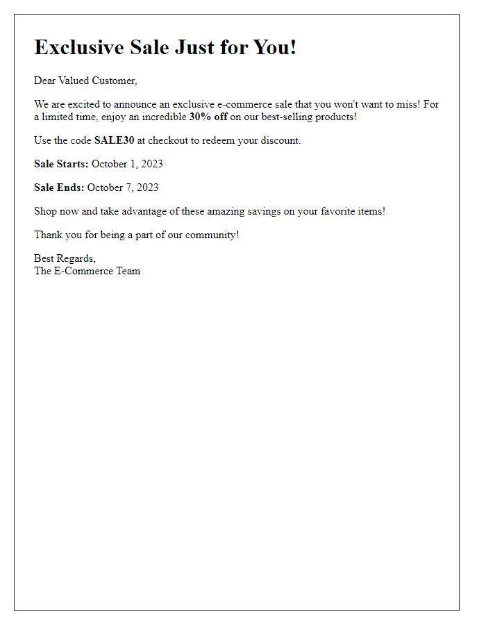 Letter template of exclusive e-commerce sale announcement