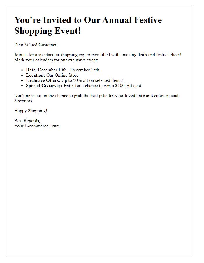 Letter template of festive e-commerce shopping event details