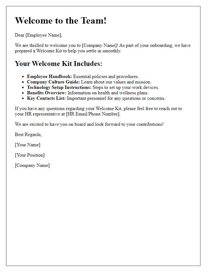 Letter template of employee welcome kit information