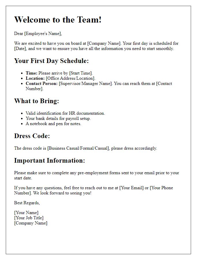 Letter template of first-day instructions for new employees