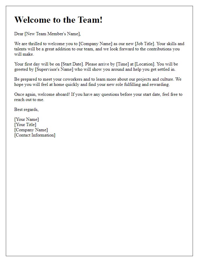 Letter template of new team member welcome letter