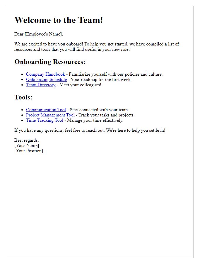 Letter template of onboarding resources and tools