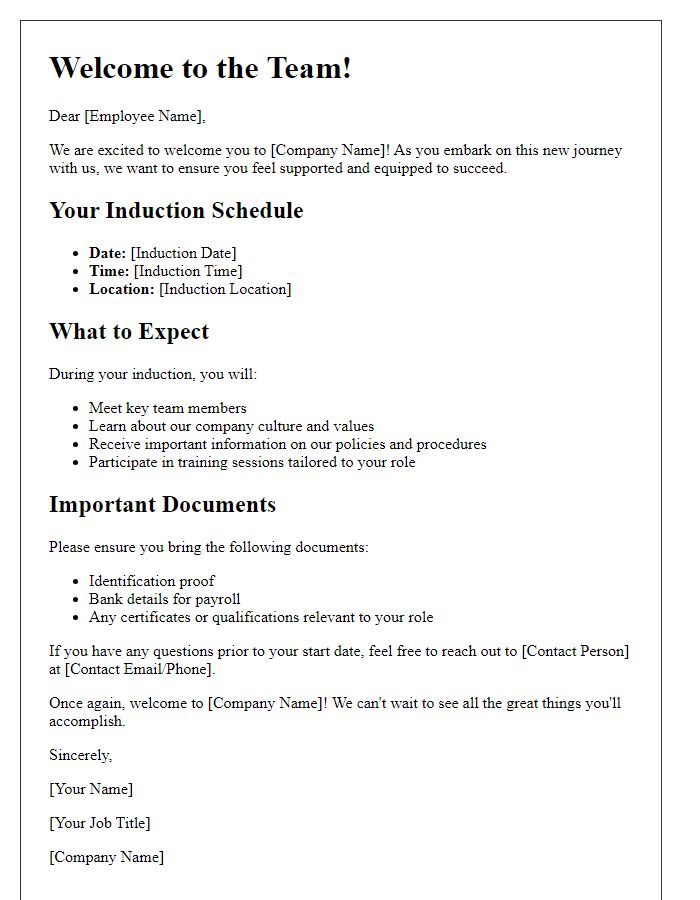 Letter template of staff induction welcome notes