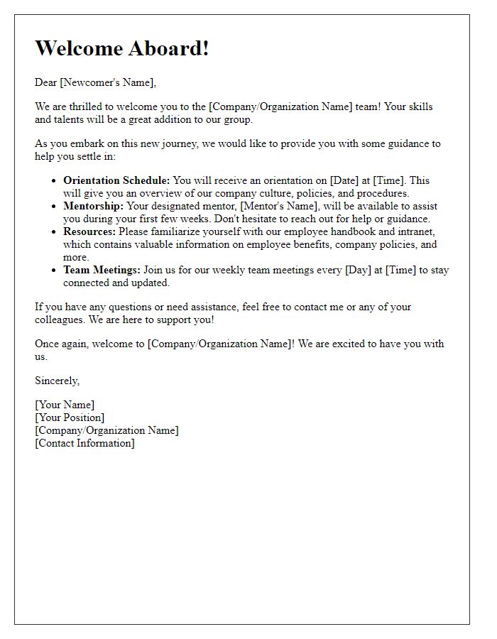 Letter template of welcome aboard guidance for newcomers