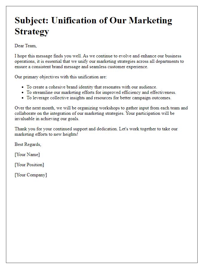 Letter template of marketing strategy unification