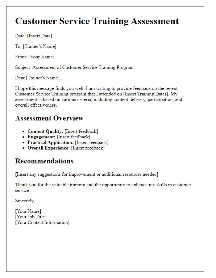 Letter template of customer service training assessment