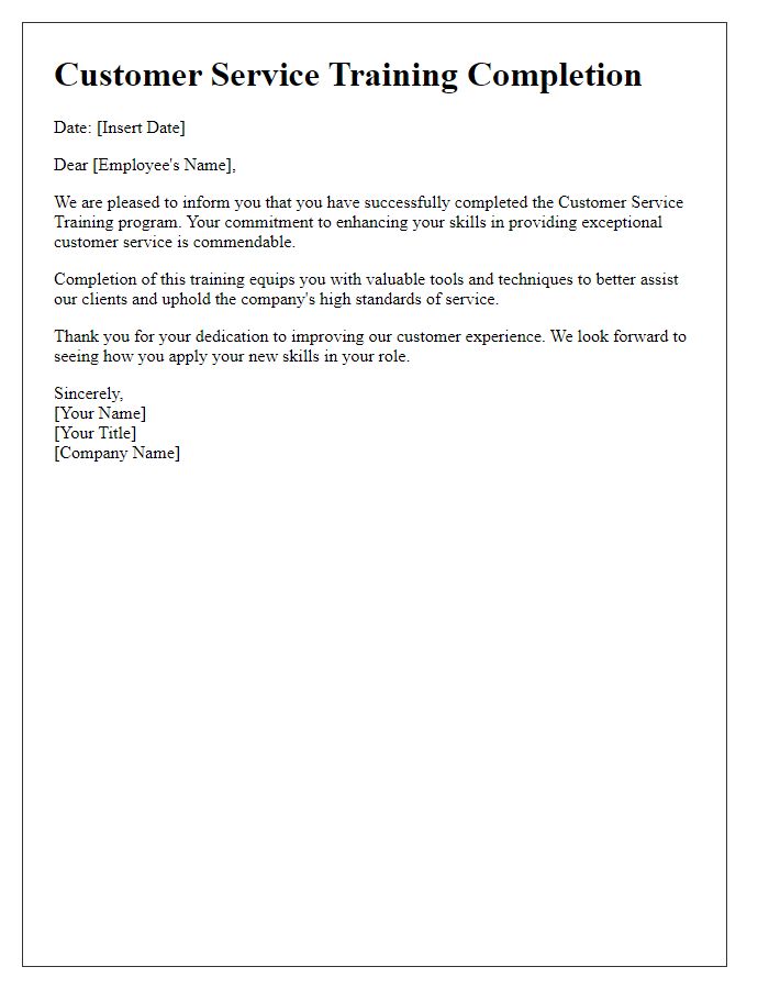 Letter template of customer service training completion