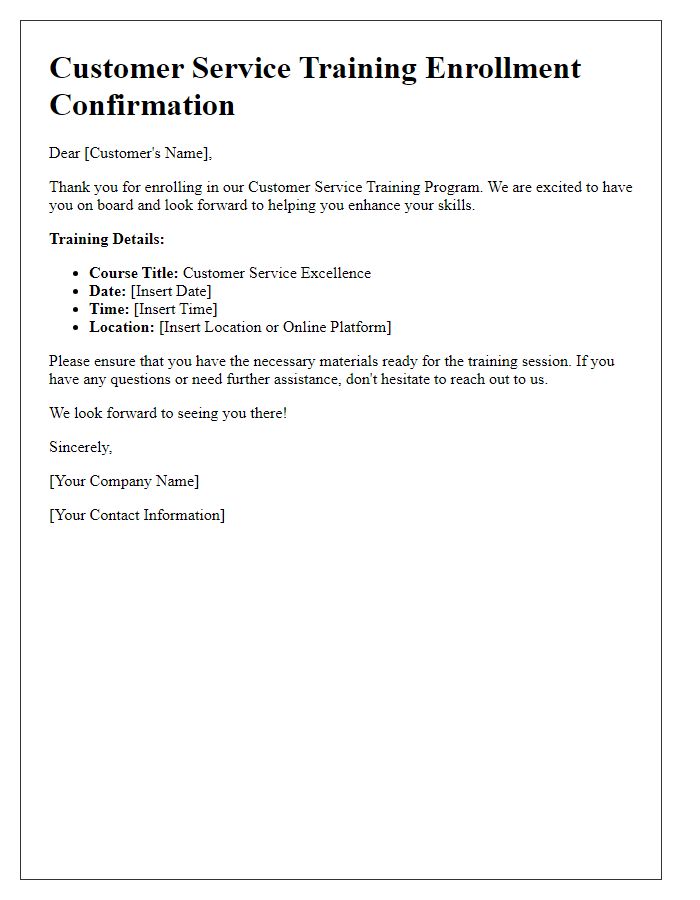 Letter template of customer service training enrollment