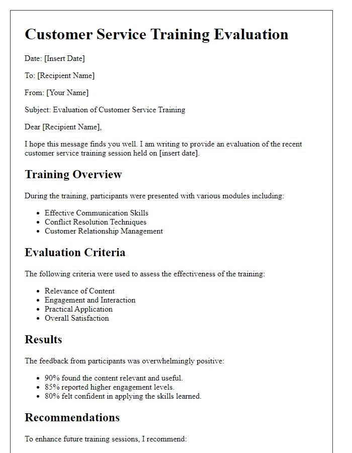 Letter template of customer service training evaluation